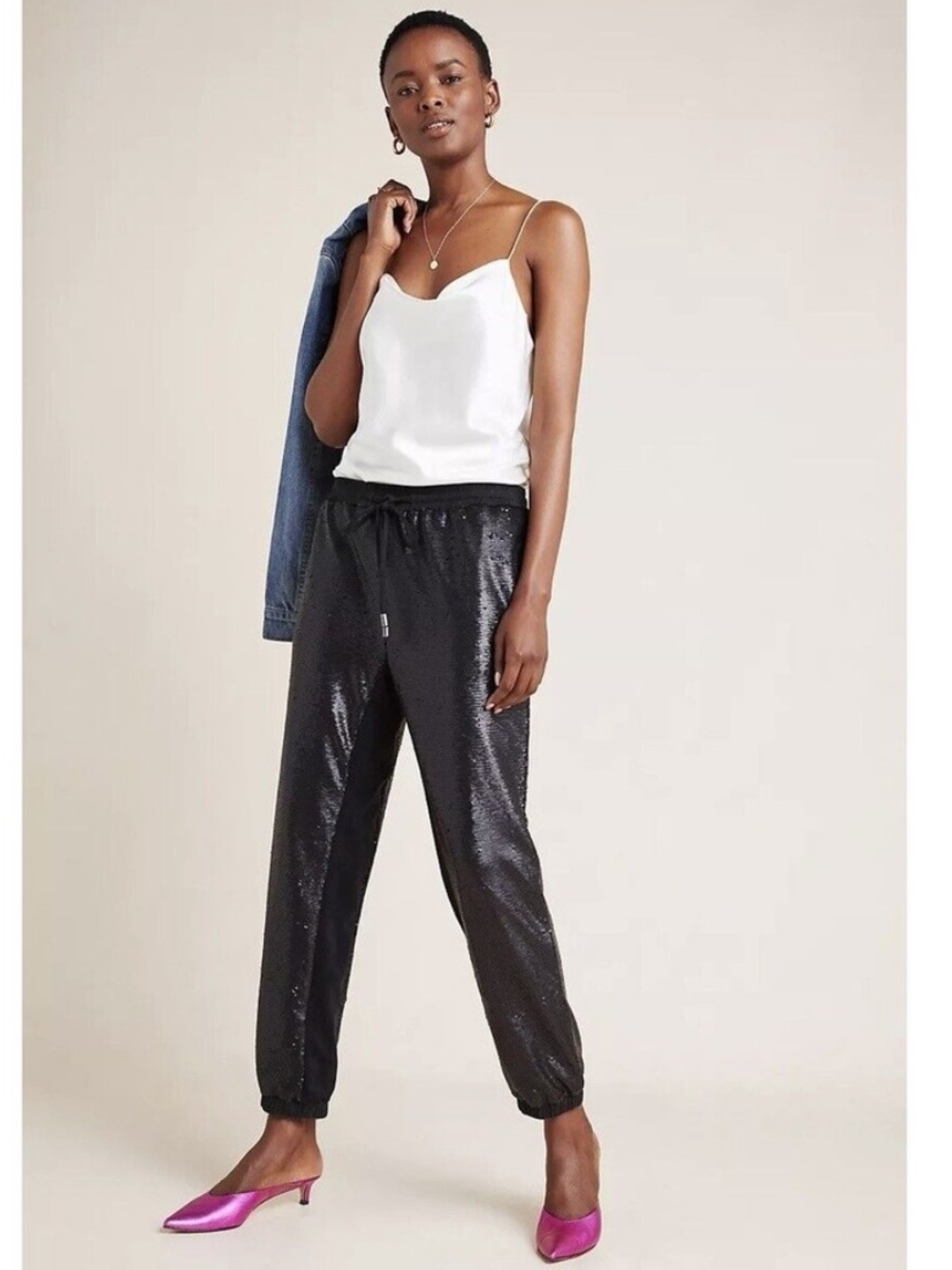 Anthropologie Black Sequin Track Joggers with Drawstring